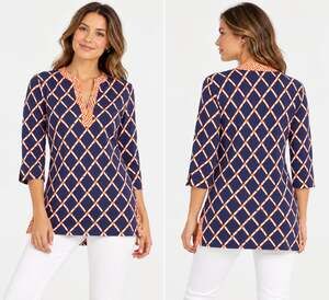 J.McLaughlin Womens M Blue Orange Bamboo Lattice Catalina Cloth tunic top NEW